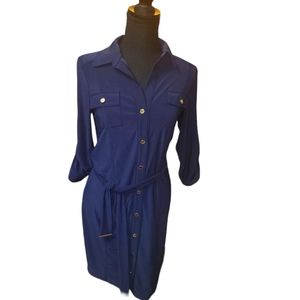 White house black market Utility Belted dress navy blue Gold accents size 2